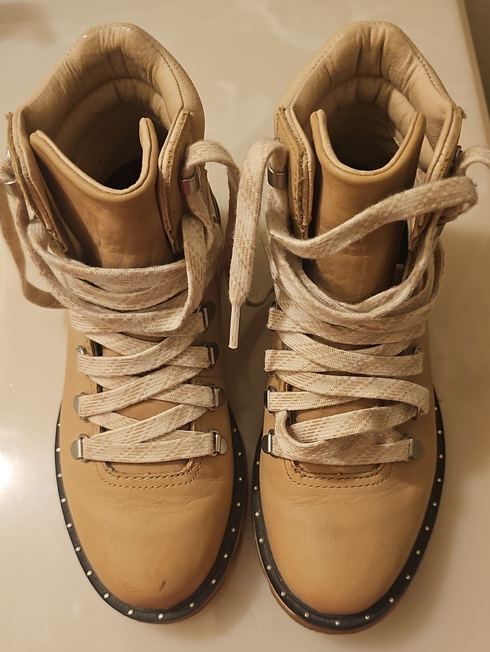 Sorel Tan Leather Lace-Up Ankle Boots with Studded Trim